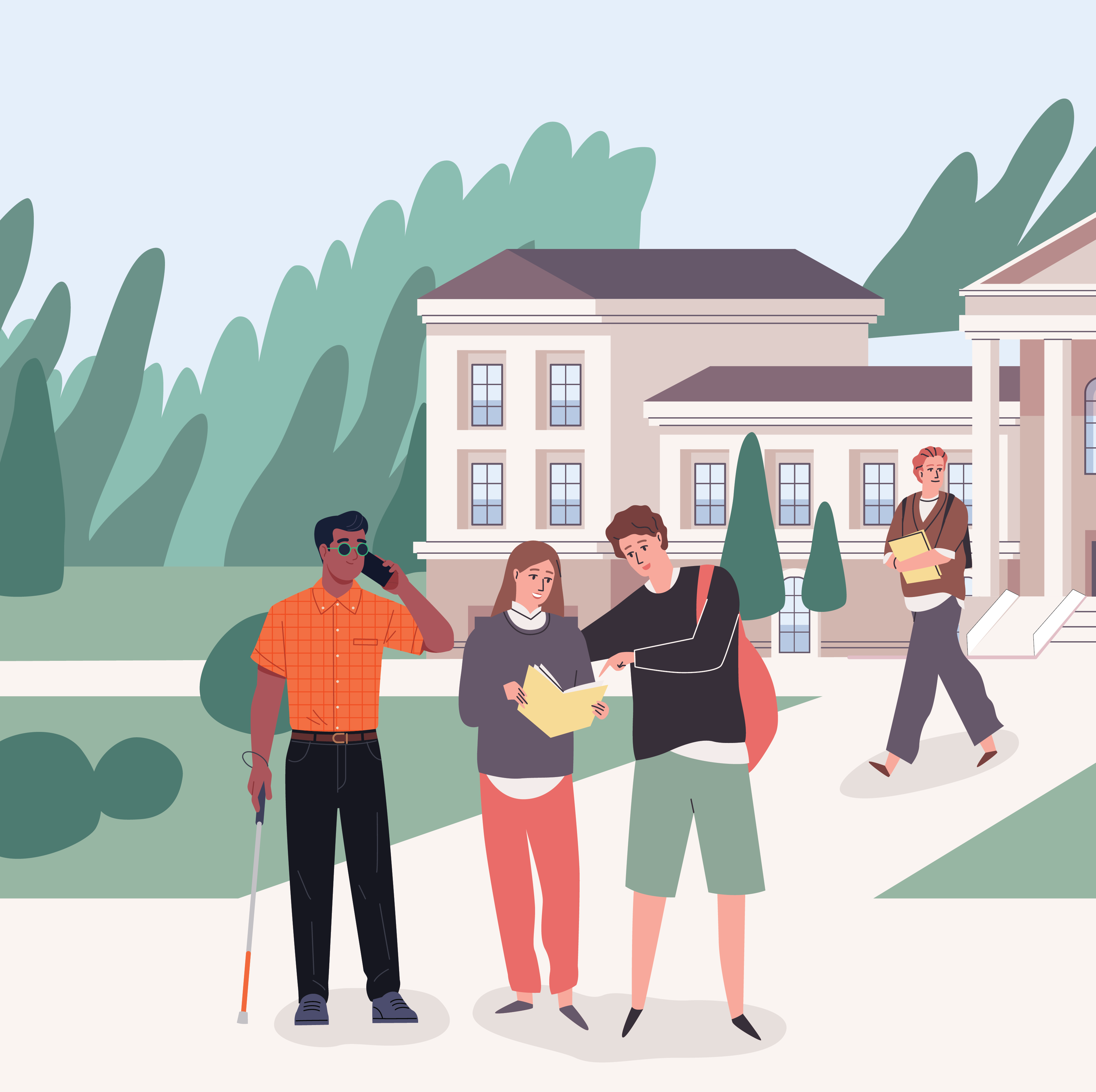 Group of diverse students in front of a university chatting, one with a white cane