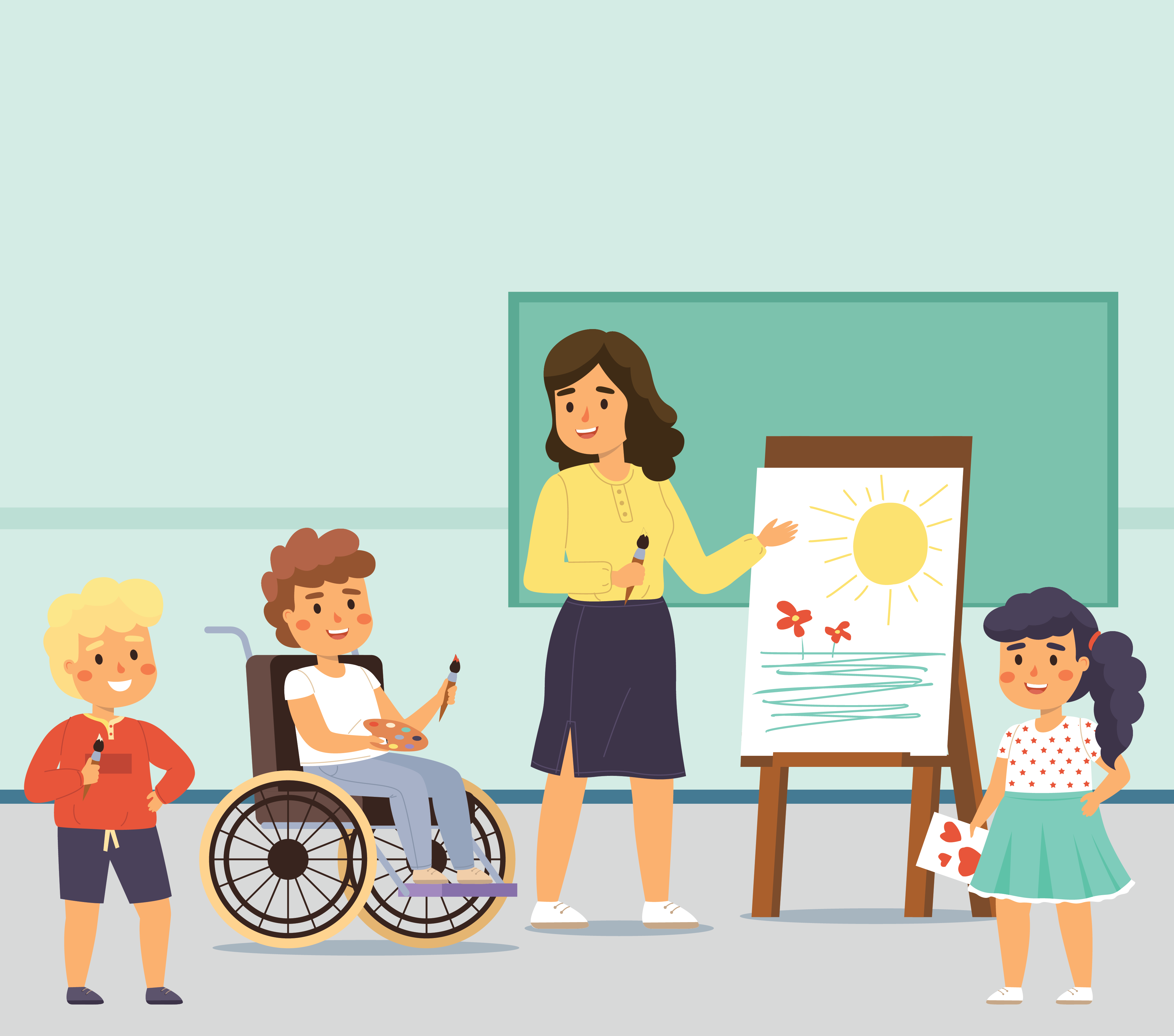 Group of children and their teacher, one is in a wheelchair